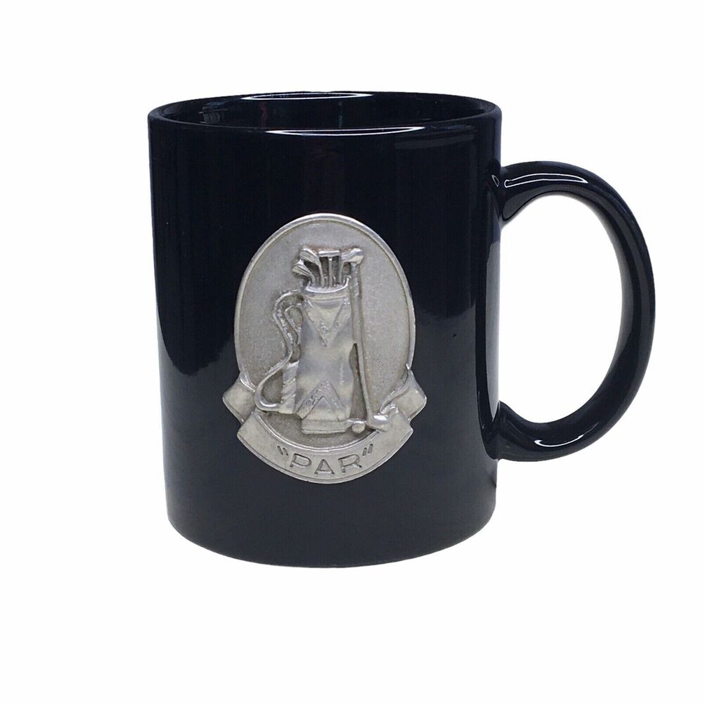 Golf Coffee Cup Mug Black 3-D Embossed Pewter Emblem‎ Golfer Dad Gift